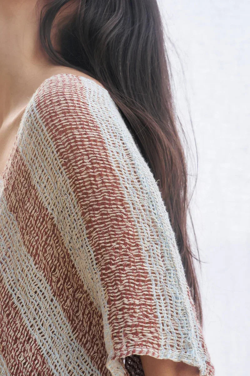 Estilo Emporio Zaza Dress Sky Blue Chocolate worn by model in natural setting LUXAMORE 