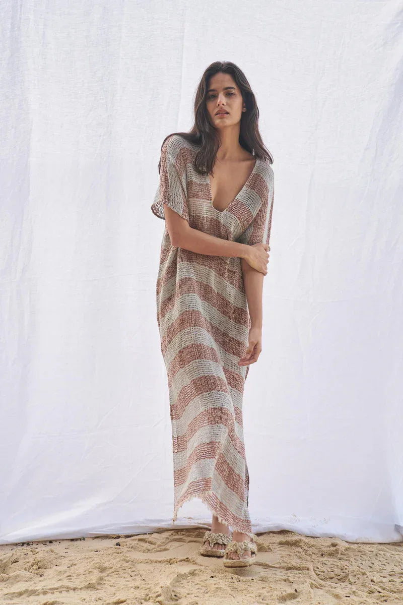 Estilo Emporio Zaza Dress Sky Blue Chocolate worn by model in natural setting LUXAMORE 