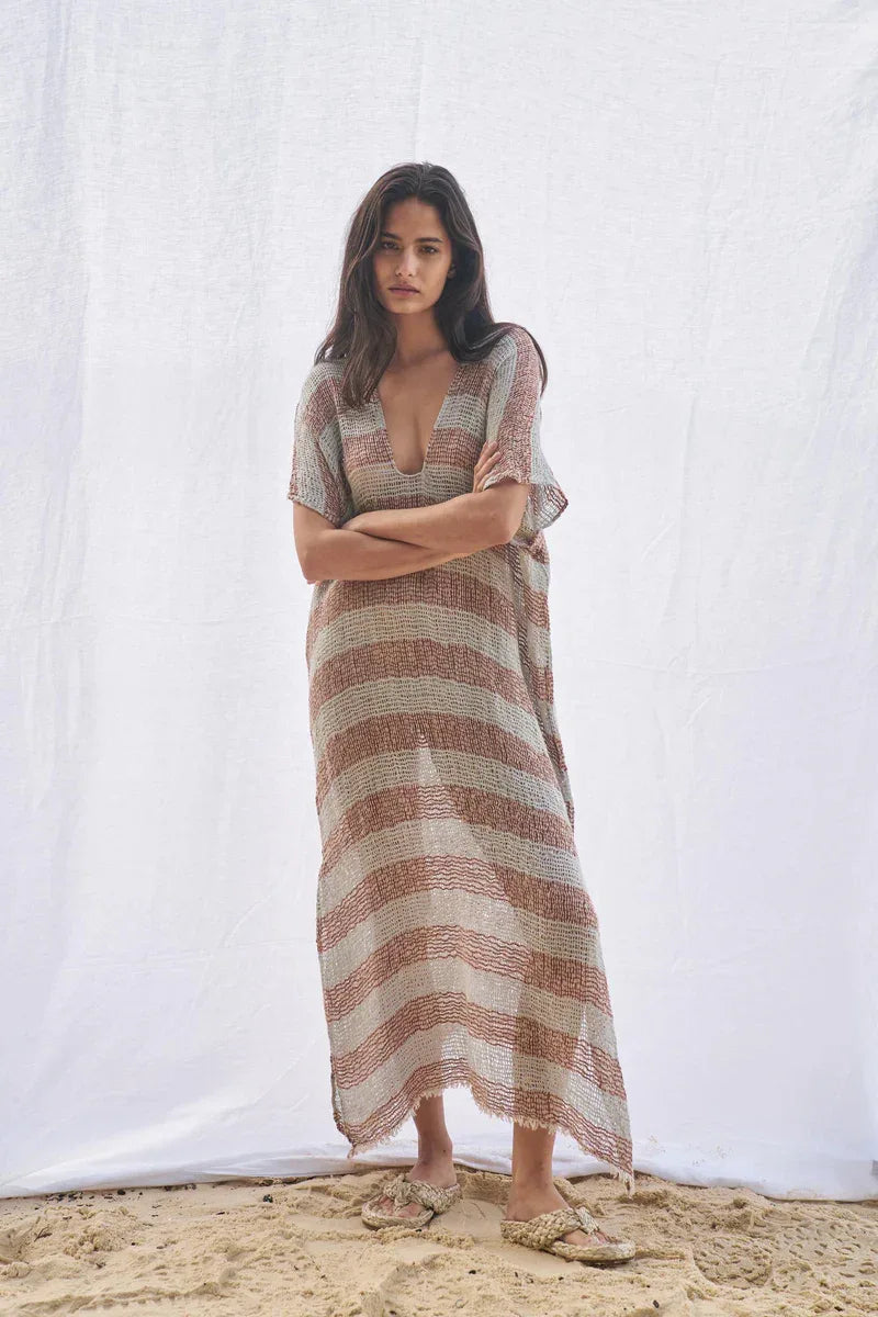 Estilo Emporio Zaza Dress Sky Blue Chocolate worn by model in natural setting LUXAMORE 