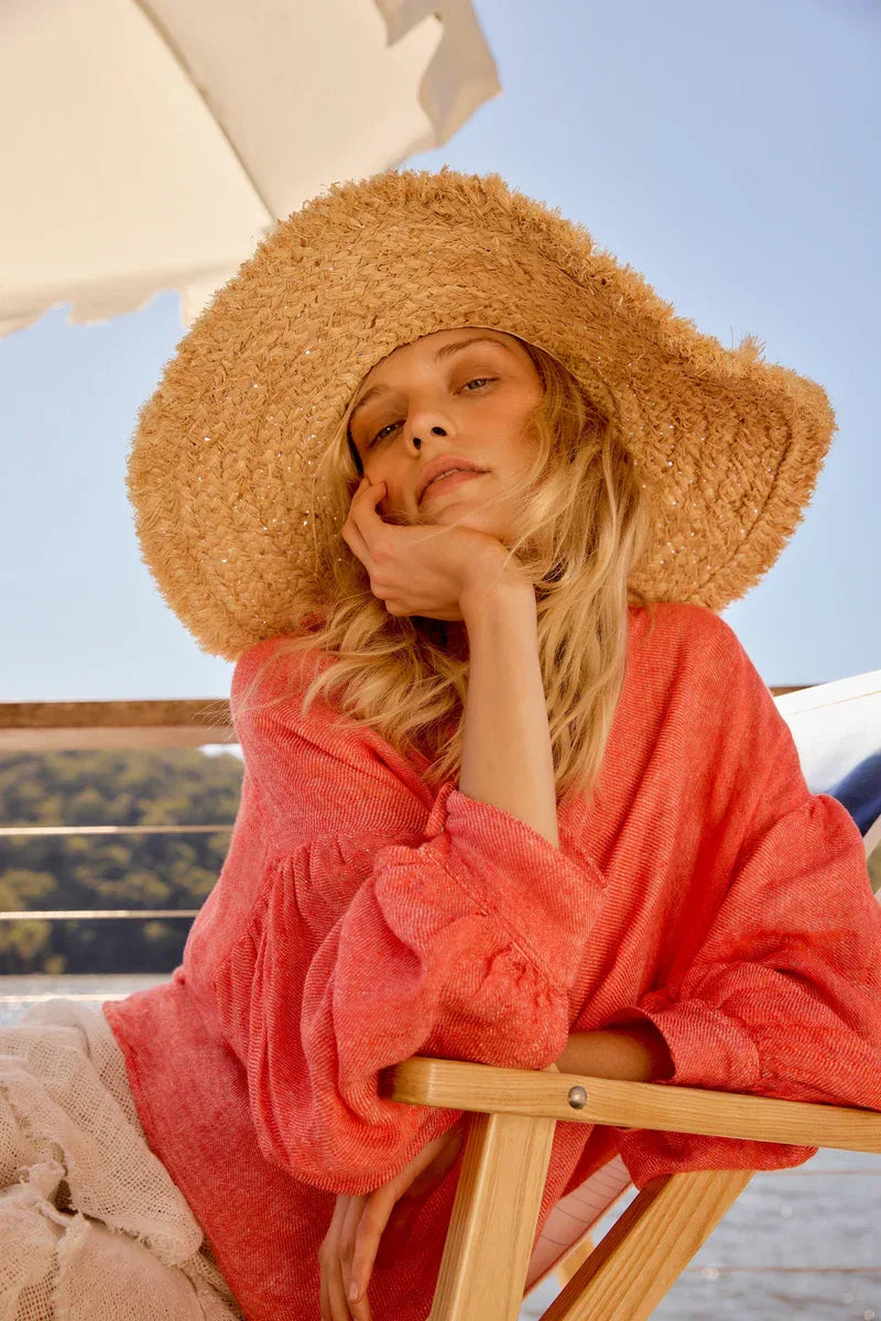 Estilo Emporio Zimi Shirt - Battista Poppy Red worn by model in natural setting LUXAMORE 