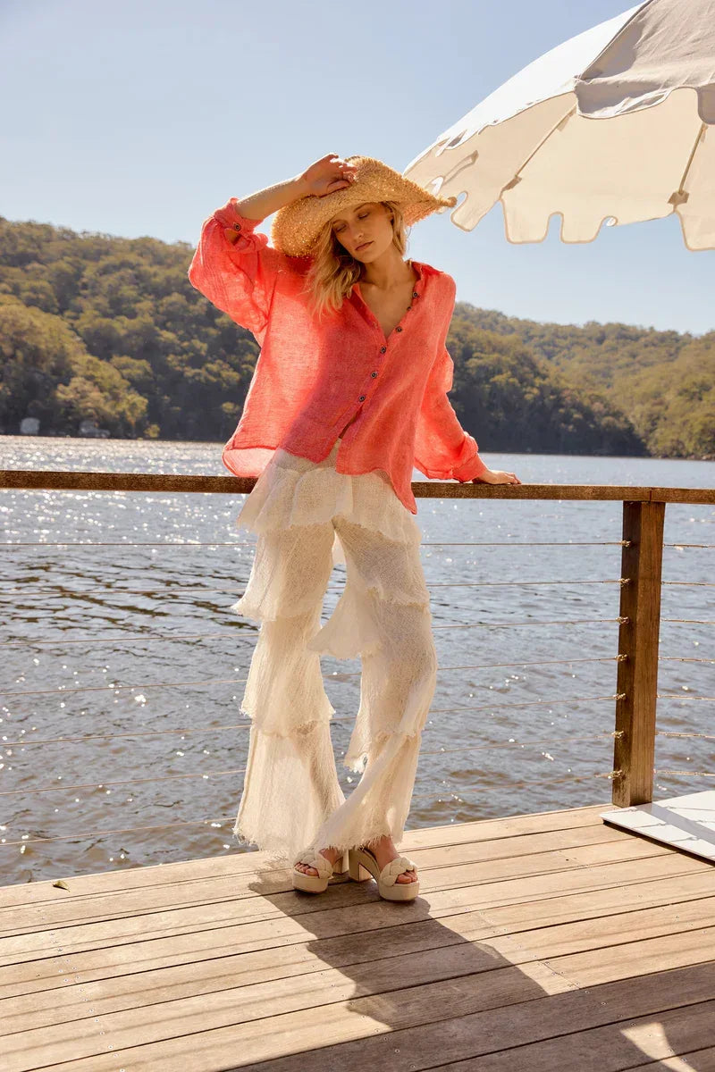 Estilo Emporio Zimi Shirt - Battista Poppy Red worn by model in natural setting LUXAMORE 