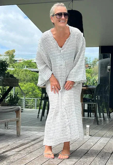 Estilo Emporio Zorba Maxi Linen Dress worn by model in natural setting LUXAMORE 