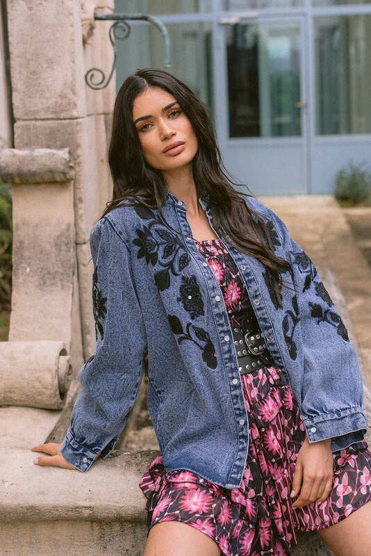 Floral Cosmos Denim Boho Embroidered Overshirt worn by model in natural setting LUXAMORE 