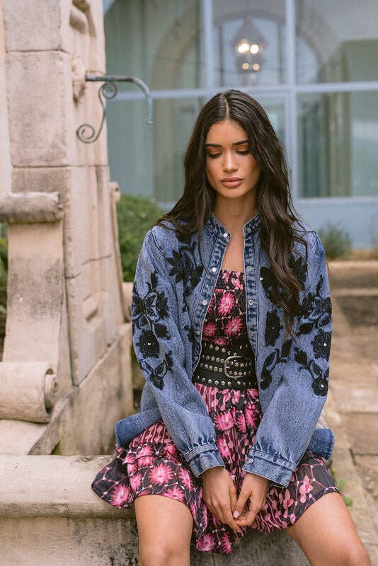 Floral Cosmos Denim Boho Embroidered Overshirt worn by model in natural setting LUXAMORE 