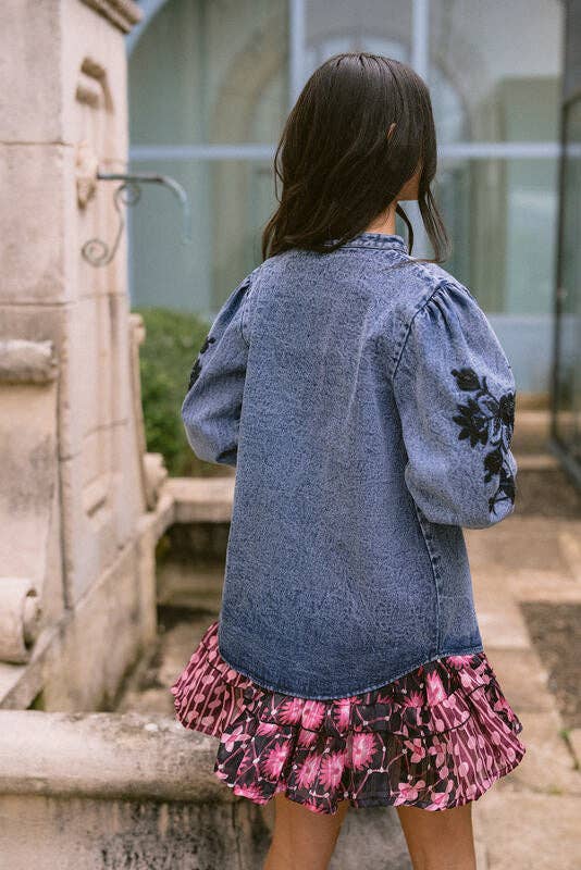 Floral Cosmos Denim Boho Embroidered Overshirt worn by model in natural setting LUXAMORE 