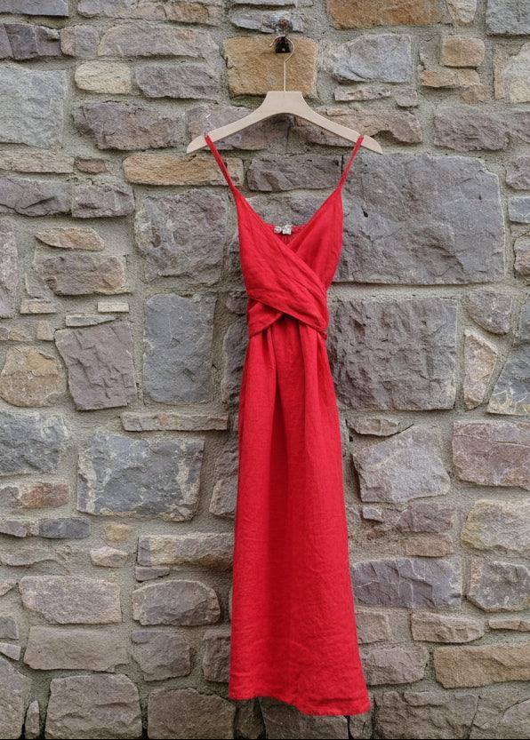 Italian Linen Dress Cross tie Coral Made in Italy - LUXAMORE