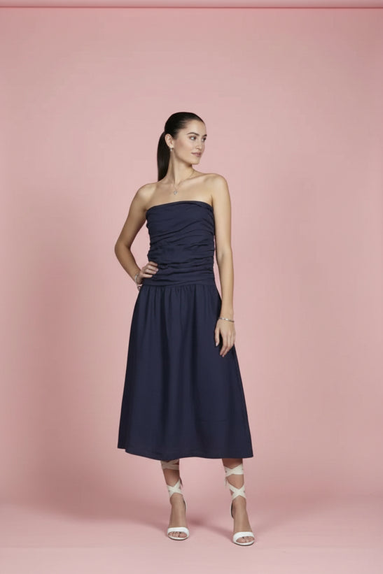 Italian Linen Dress Strapless Navy LUXAMORE  