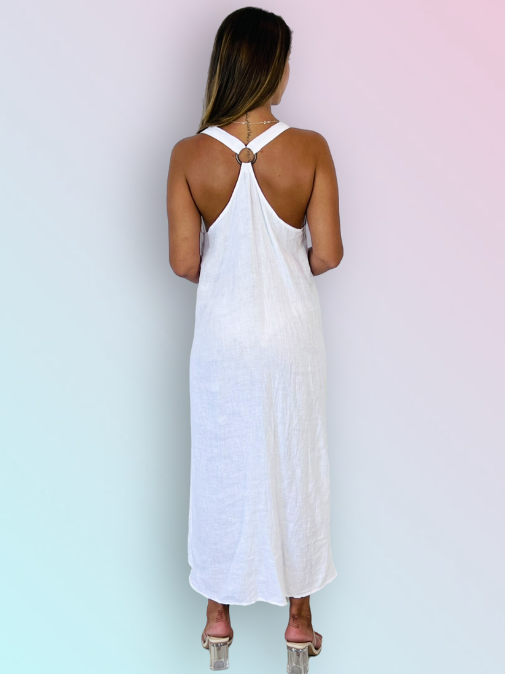 Italian Linen Maxi Dress with Embellished Straps | White