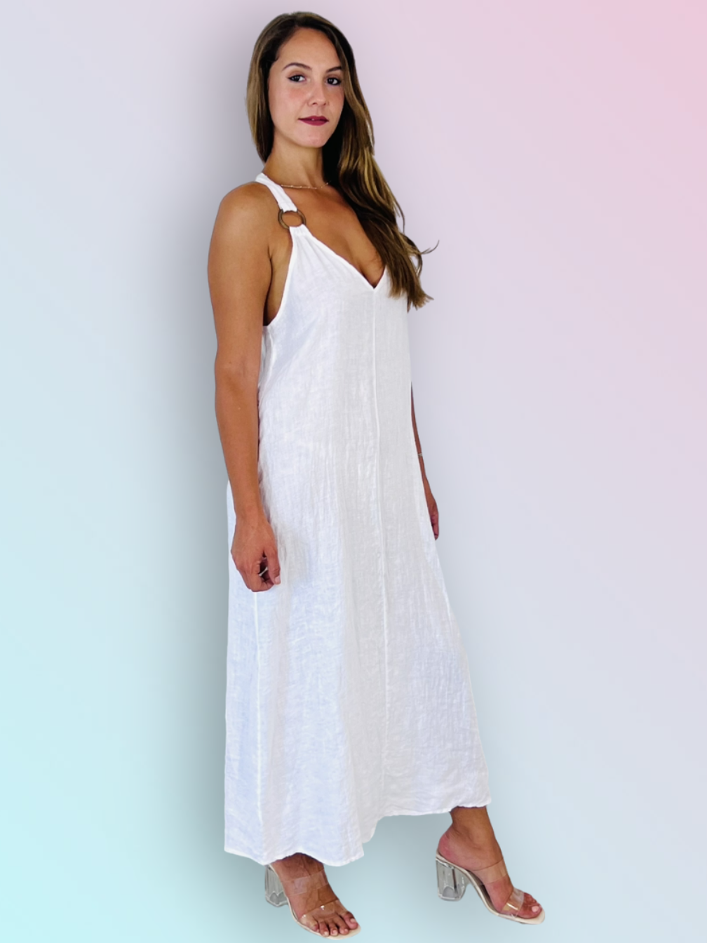 Italian Linen Maxi Dress with Embellished Straps | White
