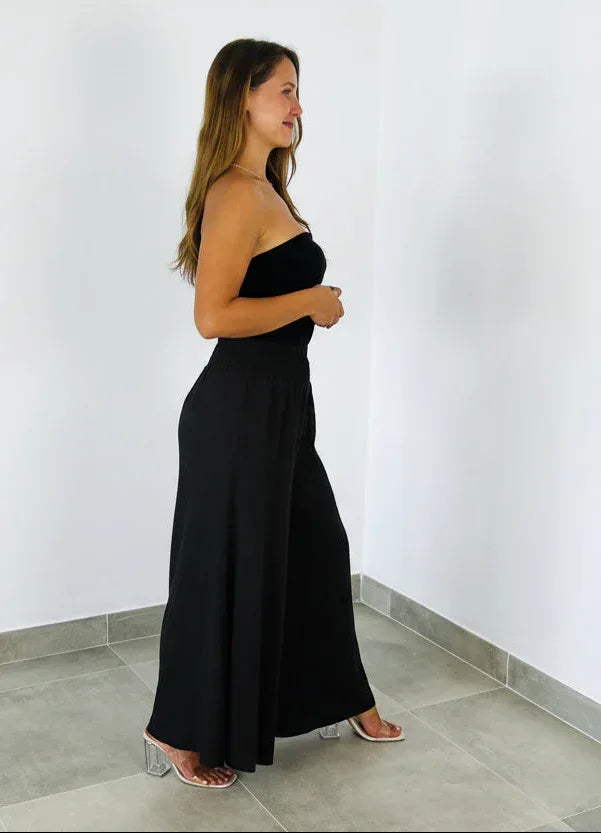 Italian Linen Wide Leg Pants Black - Made in Italy LUXAMORE  