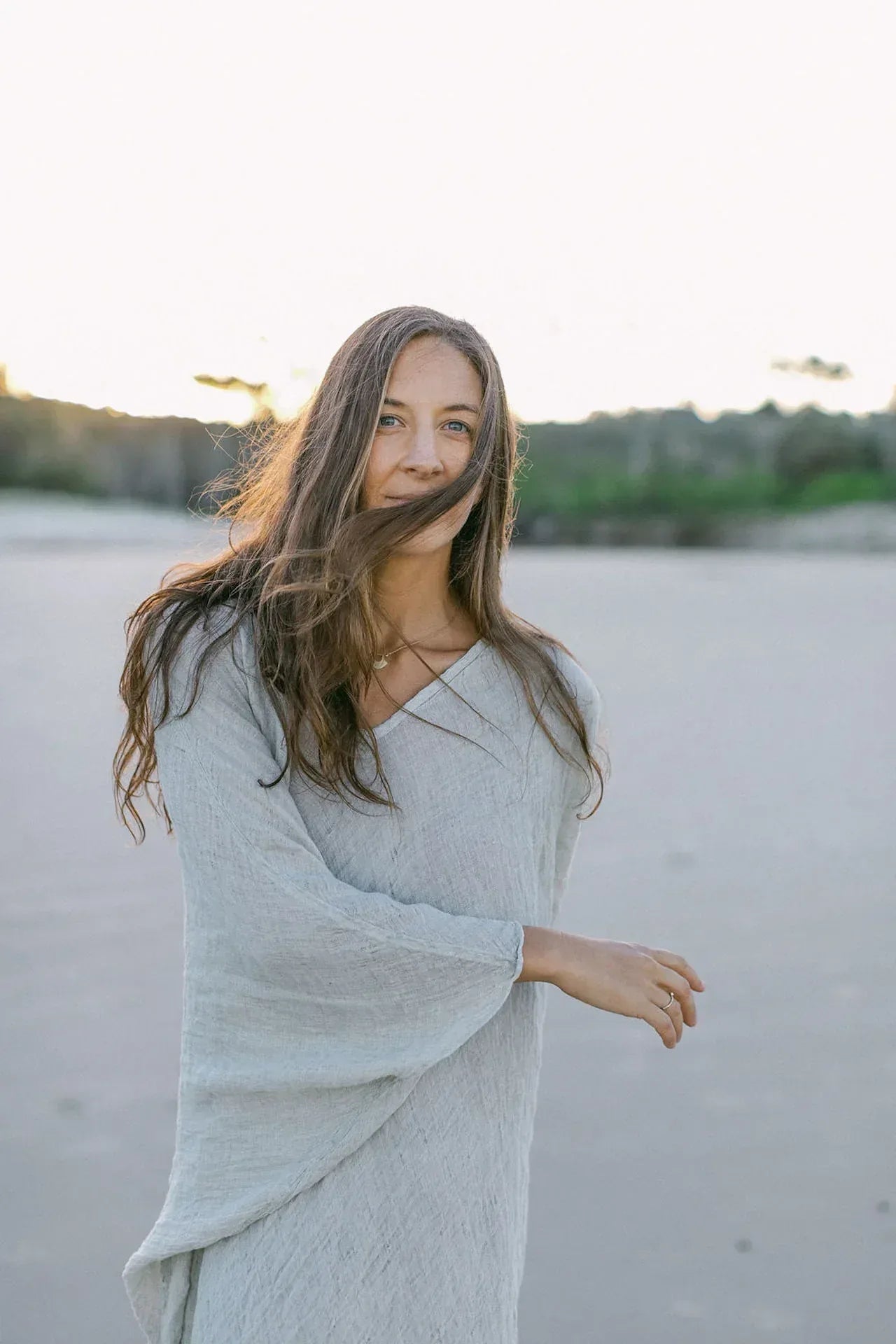 La Bottega di Brunella Linen Dress Vestito Fausta Garzata - Natural worn by model in natural setting LUXAMORE 