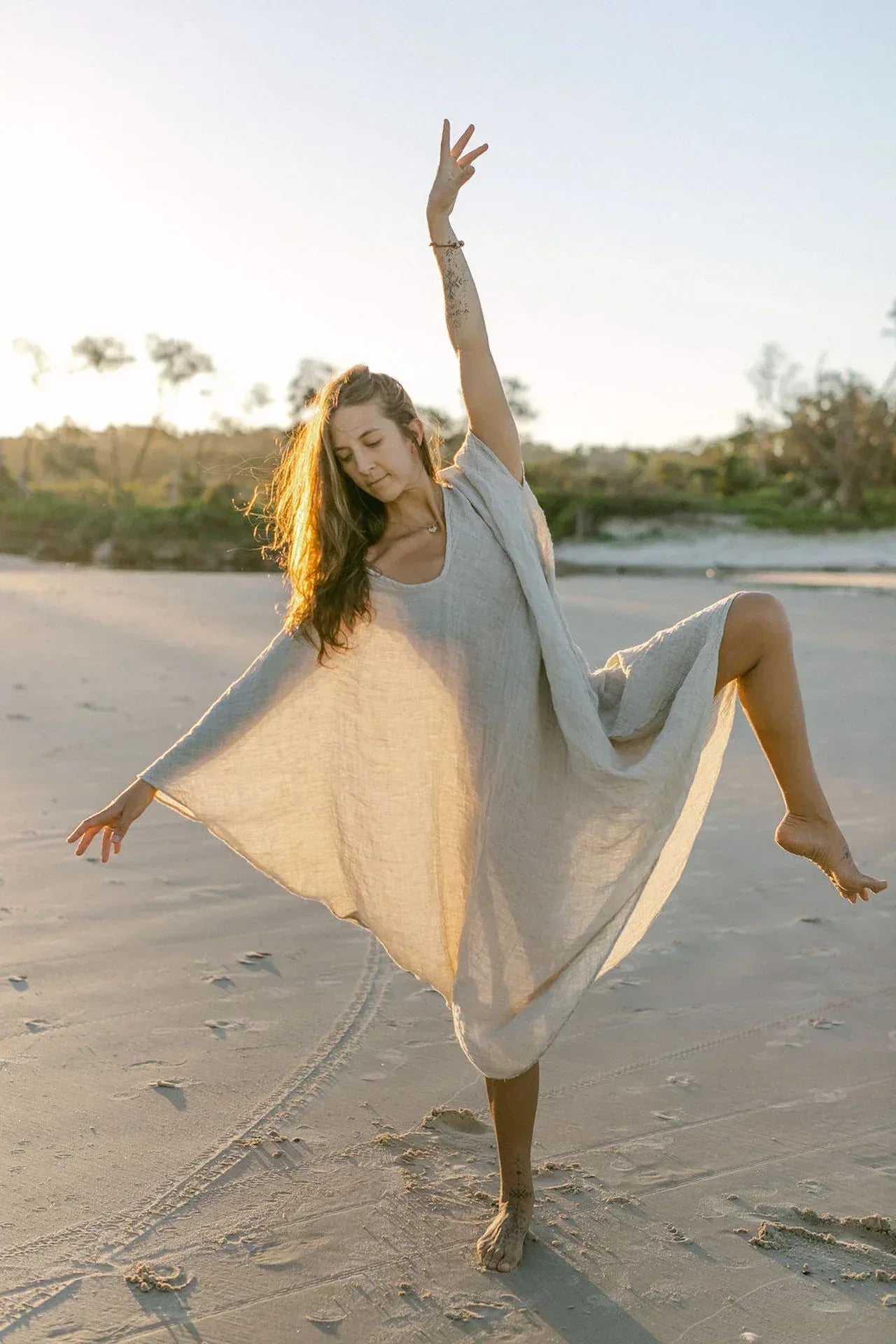 La Bottega di Brunella Linen Dress Vestito Fausta Garzata - Natural worn by model in natural setting LUXAMORE 