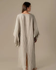 Woman Wearing La Bottega di Brunella Linen Dress VESTITO MOSE' - Battista linen dress LUXAMORE 