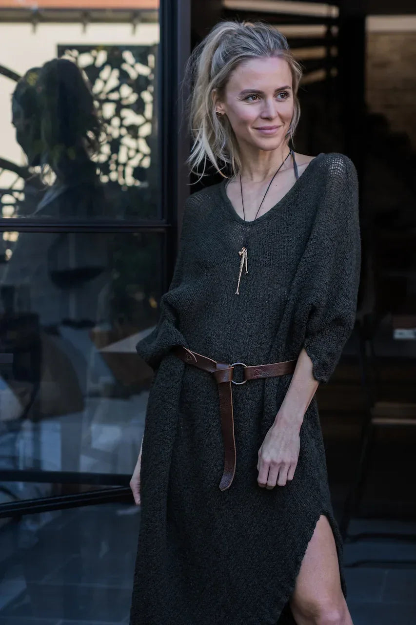 La Bottega di Brunella Linen Dress Vestito Fausta Campagna - Chocolate worn by model in natural setting LUXAMORE 