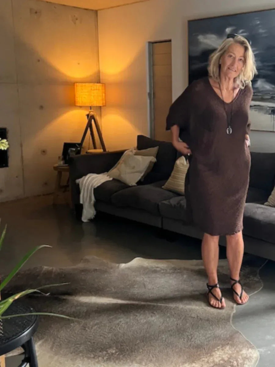 La Bottega di Brunella Linen Dress Vestito Fausta Campagna - Chocolate worn by model in natural setting LUXAMORE 