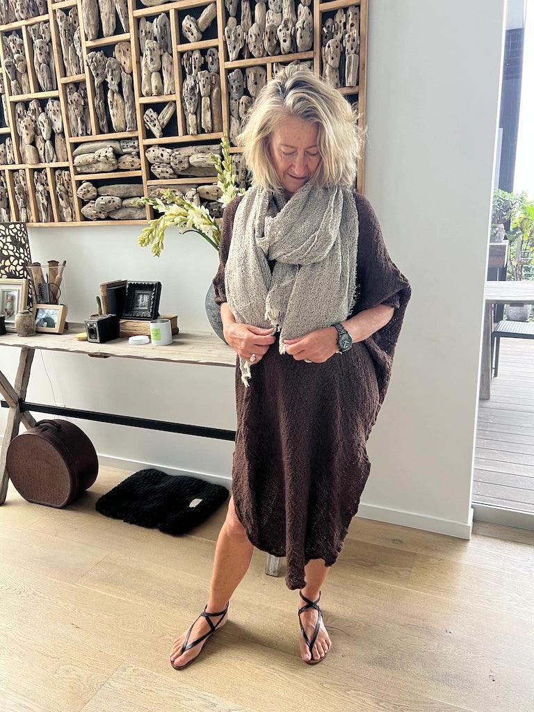 La Bottega di Brunella Linen Dress Vestito Fausta Campagna - Chocolate worn by model in natural setting LUXAMORE 