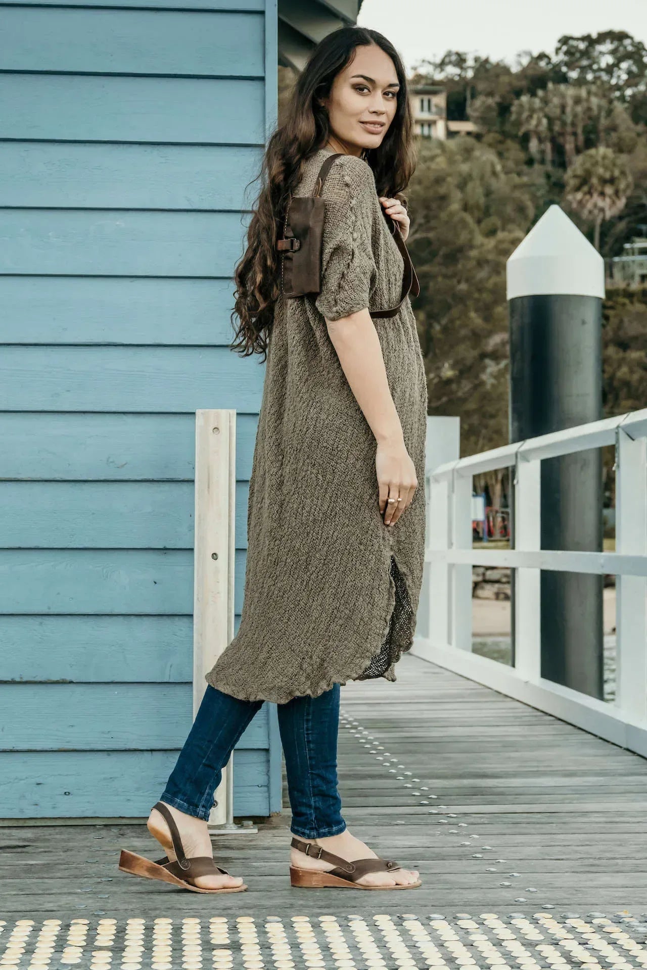 La Bottega di Brunella Linen Dress Vestito Fausta Campagna - Fossil worn by model in natural setting LUXAMORE 