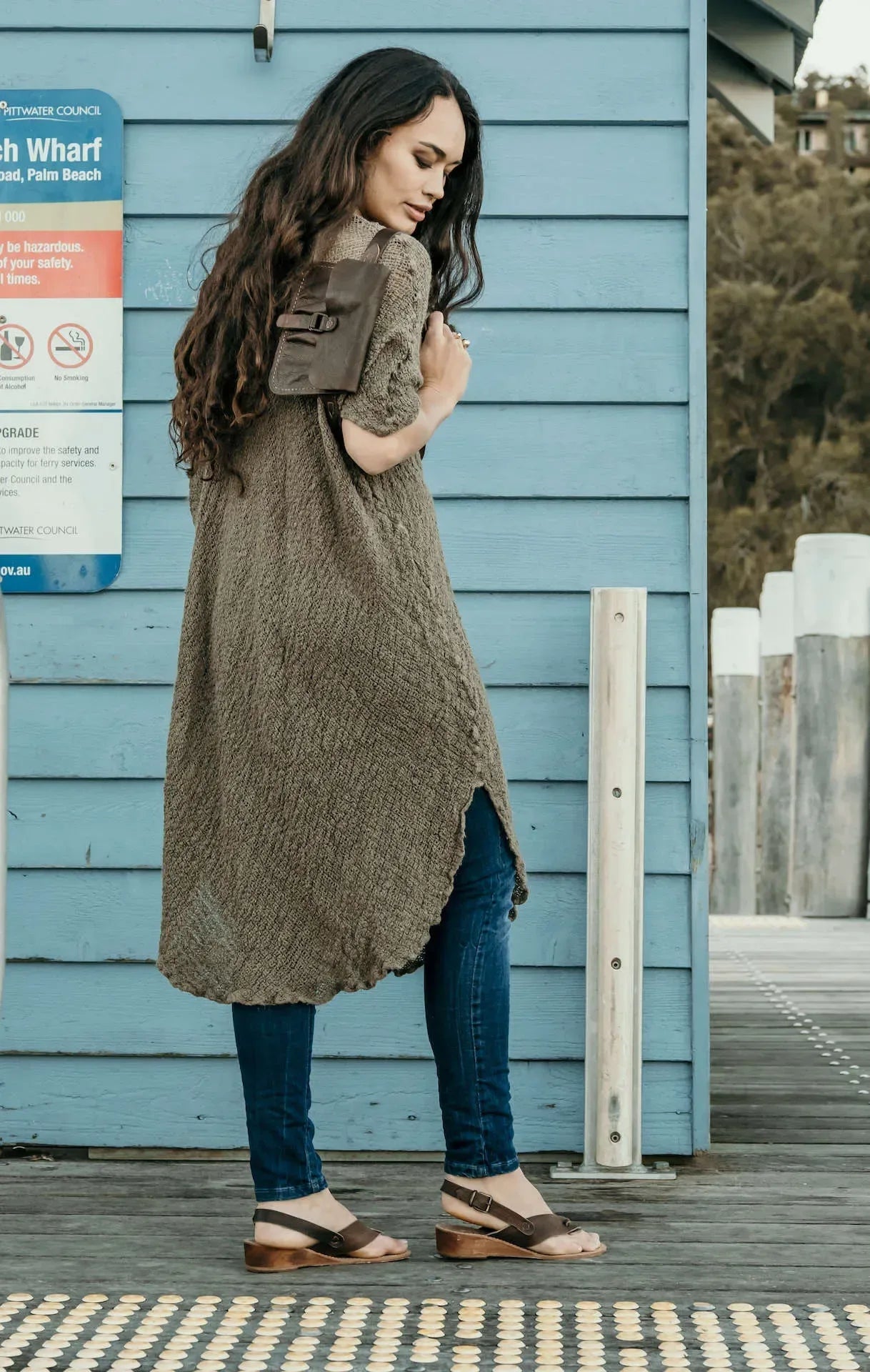 La Bottega di Brunella Linen Dress Vestito Fausta Campagna - Fossil worn by model in natural setting LUXAMORE 