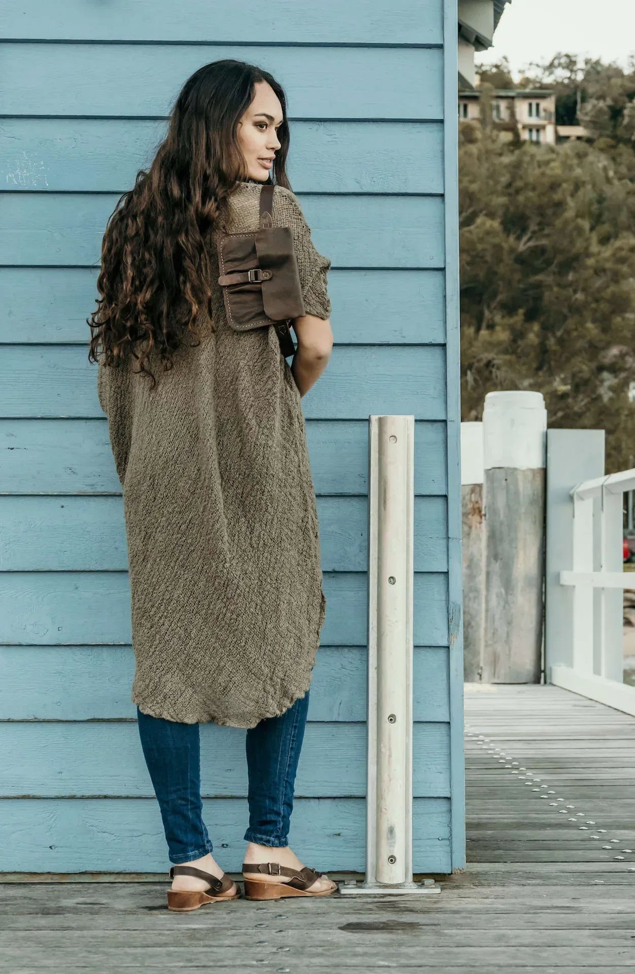 La Bottega di Brunella Linen Dress Vestito Fausta Campagna - Fossil worn by model in natural setting LUXAMORE 