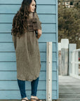 La Bottega di Brunella Linen Dress Vestito Fausta Campagna - Fossil worn by model in natural setting LUXAMORE 