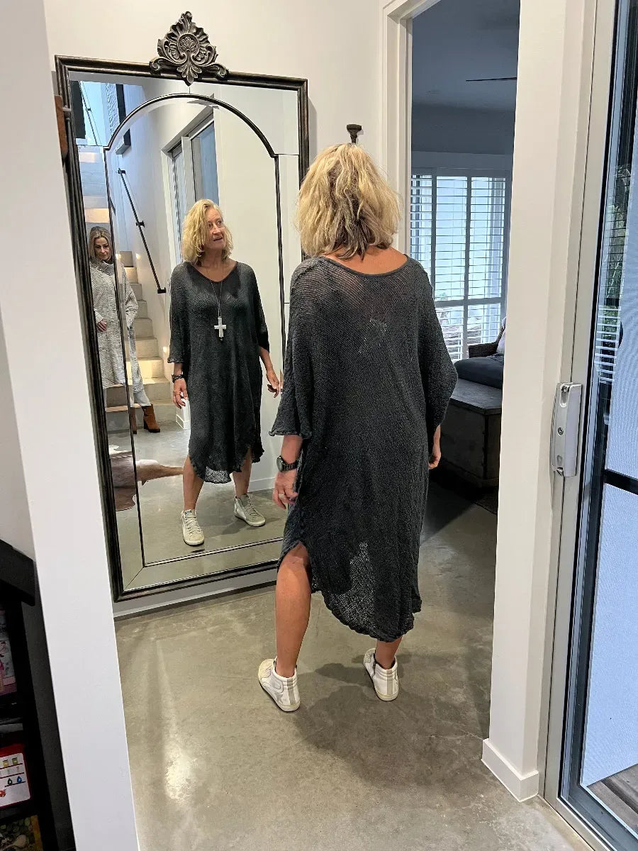 La Bottega di Brunella Linen Dress Vestito Fausta Campagna - Lava worn by model in natural setting LUXAMORE 