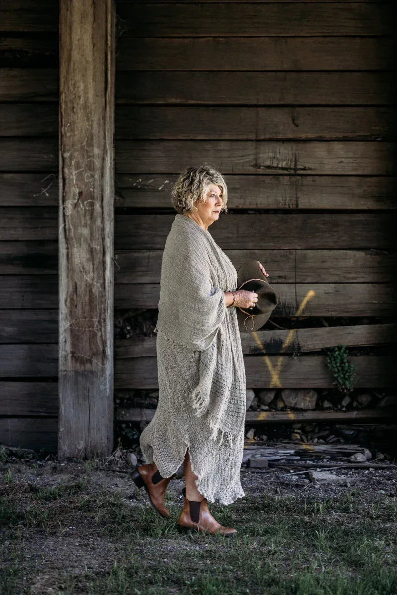 La Bottega di Brunella Linen Dress Vestito Fausta Campagna - Natural worn by model in natural setting LUXAMORE 