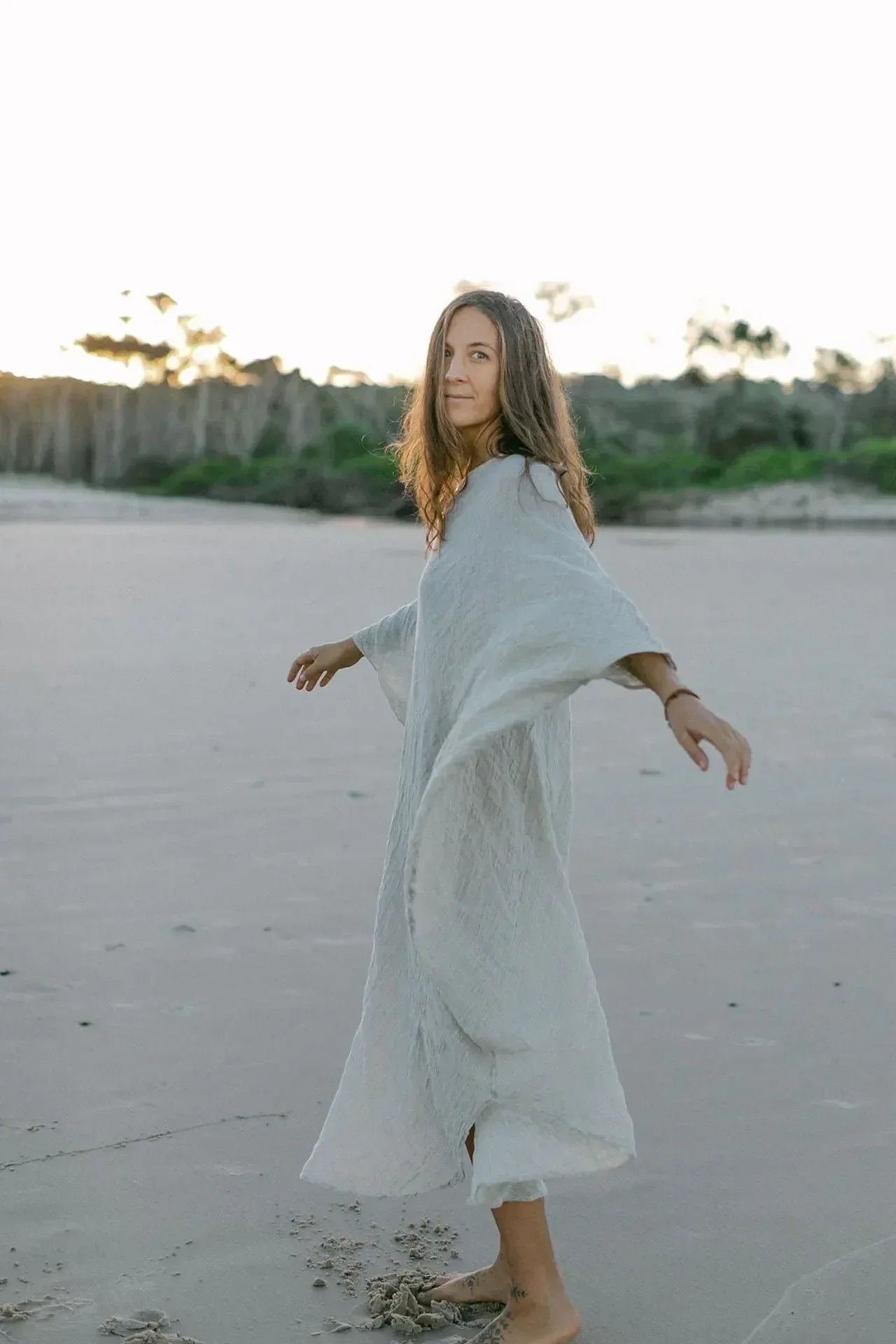 La Bottega di Brunella Linen Dress Vestito Fausta Garzata - Natural worn by model in natural setting LUXAMORE 
