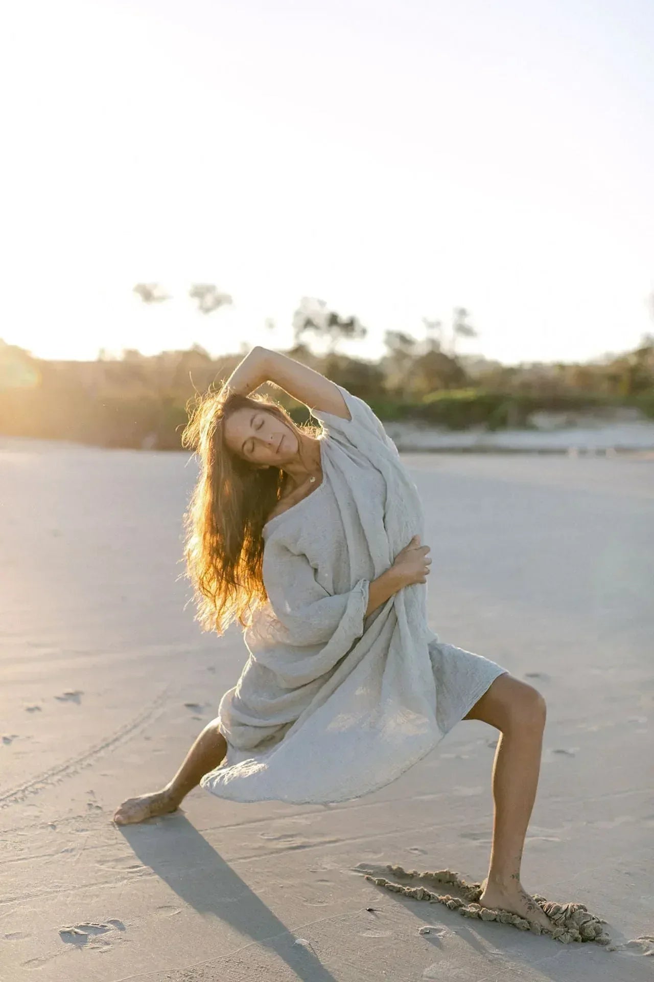 La Bottega di Brunella Linen Dress Vestito Fausta Garzata - Natural worn by model in natural setting LUXAMORE 
