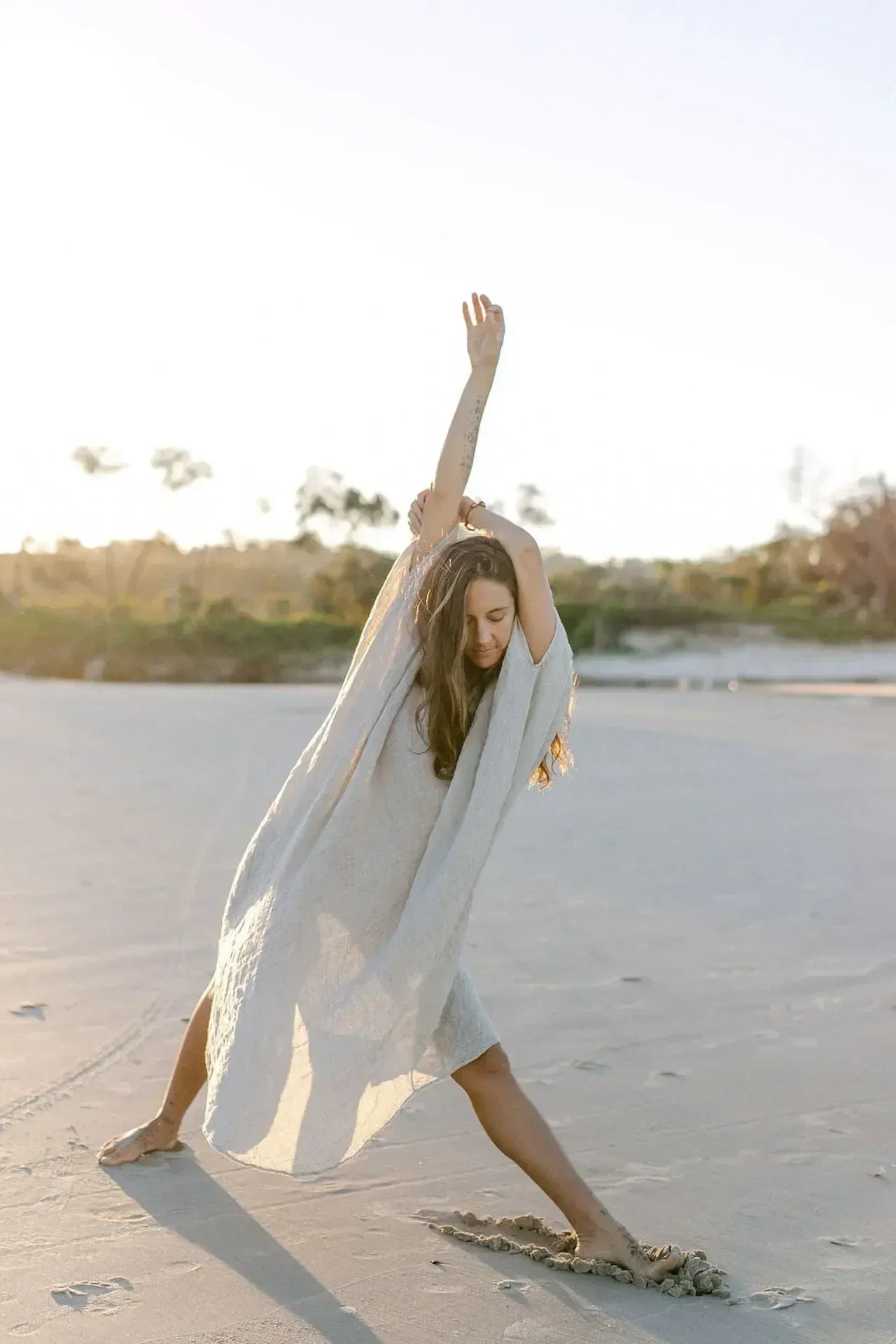 La Bottega di Brunella Linen Dress Vestito Fausta Garzata - Natural worn by model in natural setting LUXAMORE 