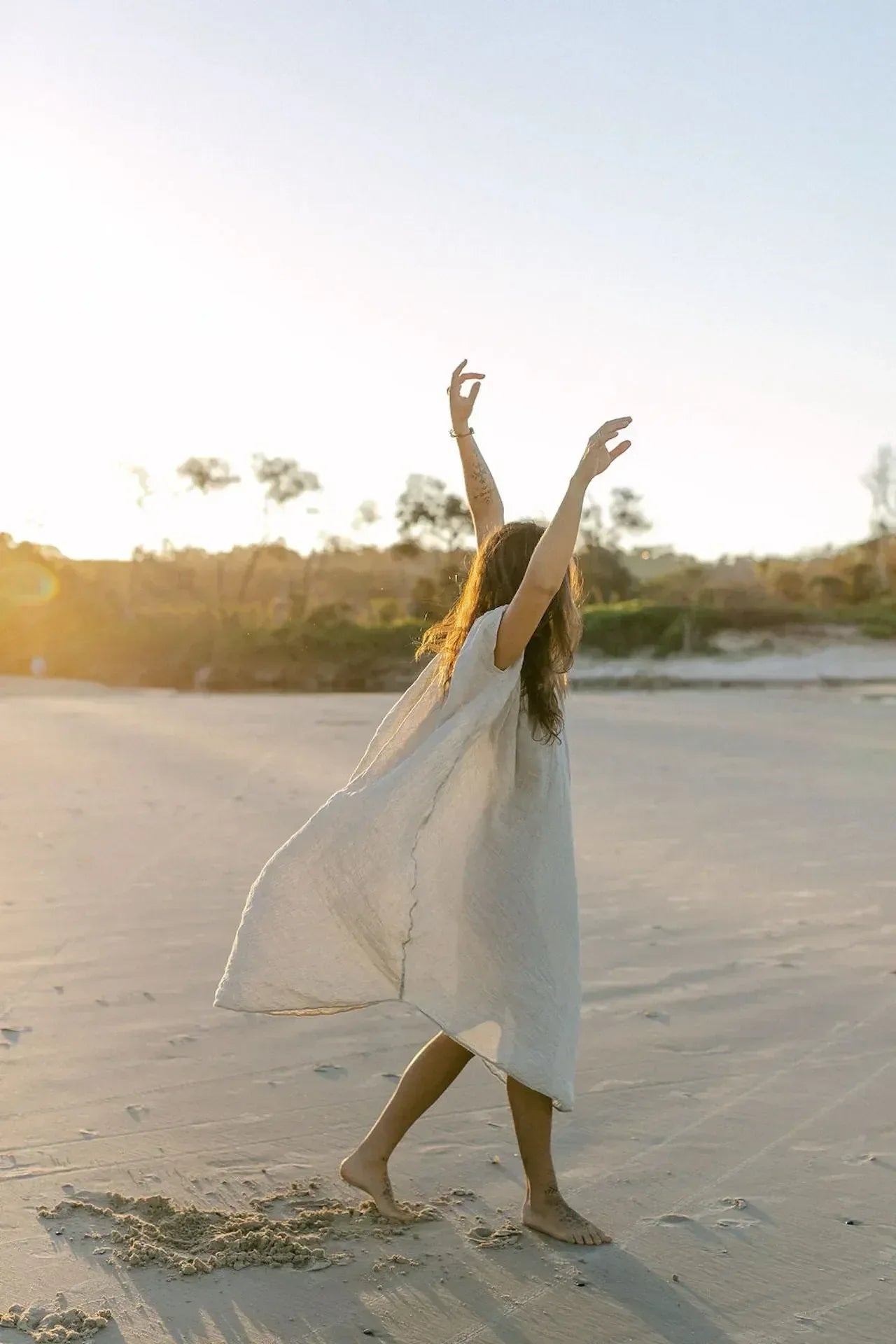 La Bottega di Brunella Linen Dress Vestito Fausta Garzata - Natural worn by model in natural setting LUXAMORE 