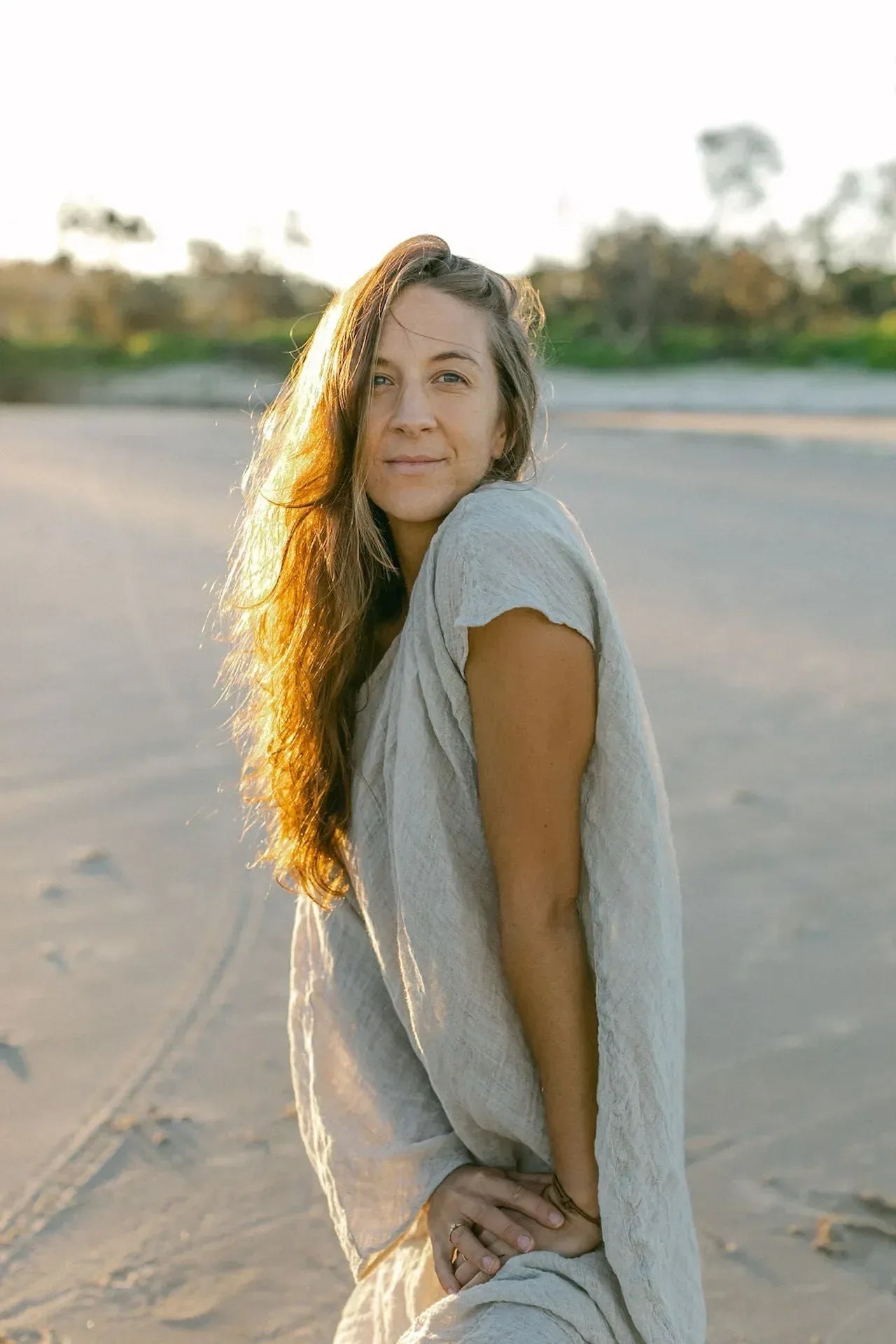 La Bottega di Brunella Linen Dress Vestito Fausta Garzata - Natural worn by model in natural setting LUXAMORE 