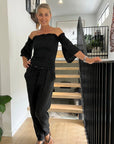 La Bottega di Brunella Pantalone Agathos Linen Pants Black worn by model in natural setting LUXAMORE 