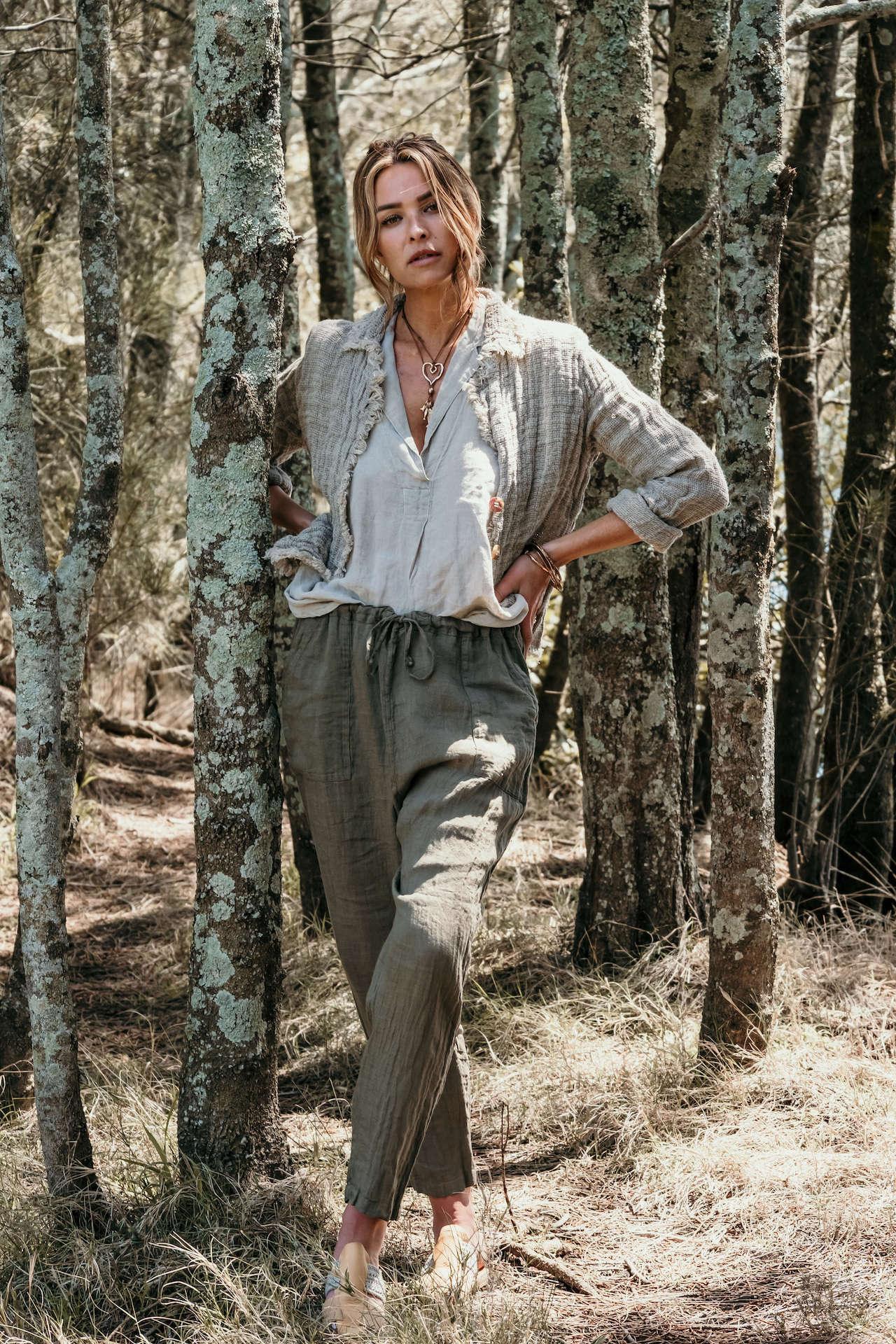 La Bottega di Brunella Pantalone Agathos Linen Pants - Fossil worn by model in natural setting LUXAMORE 