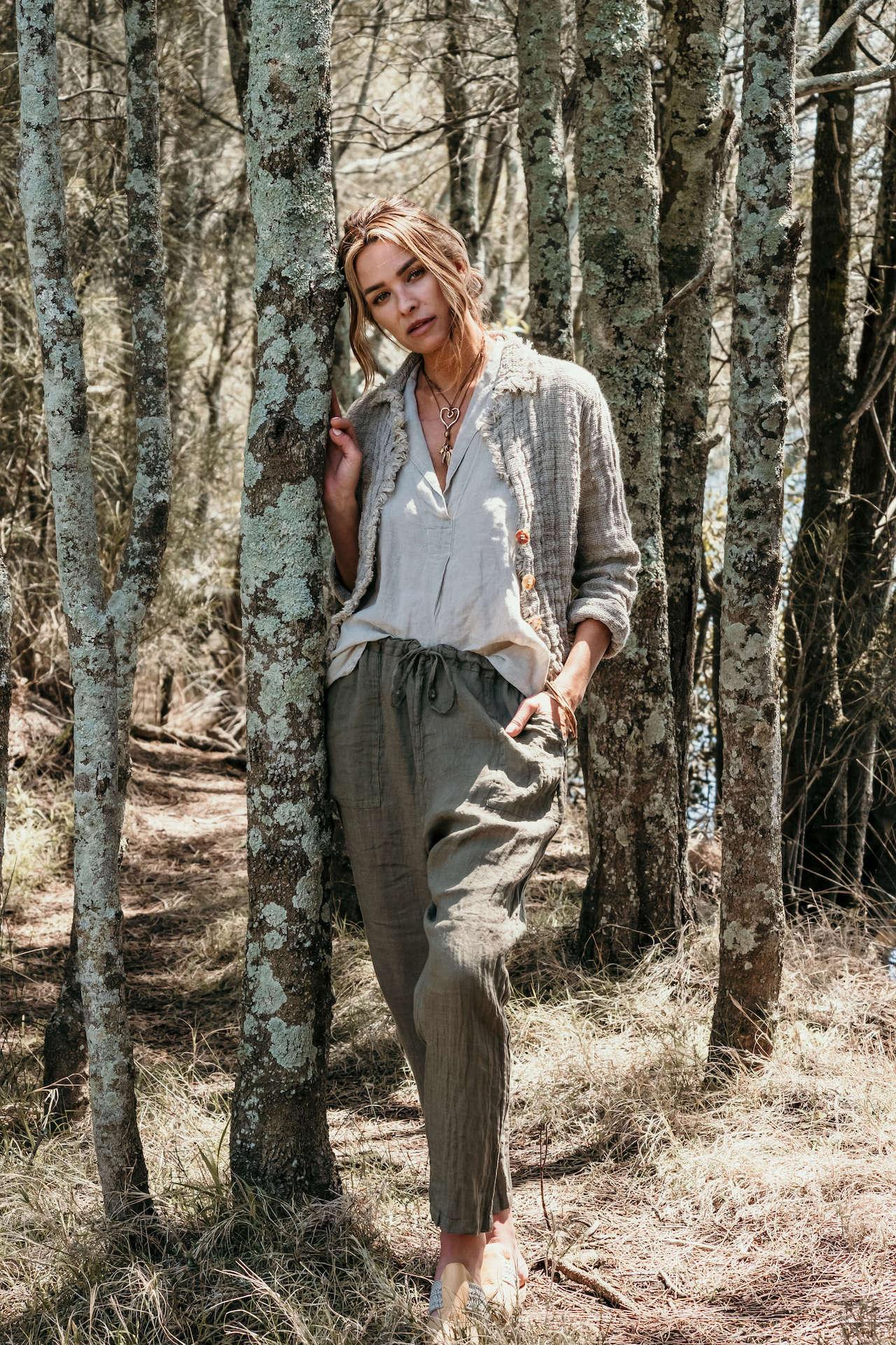 La Bottega di Brunella Pantalone Agathos Linen Pants - Fossil worn by model in natural setting LUXAMORE 
