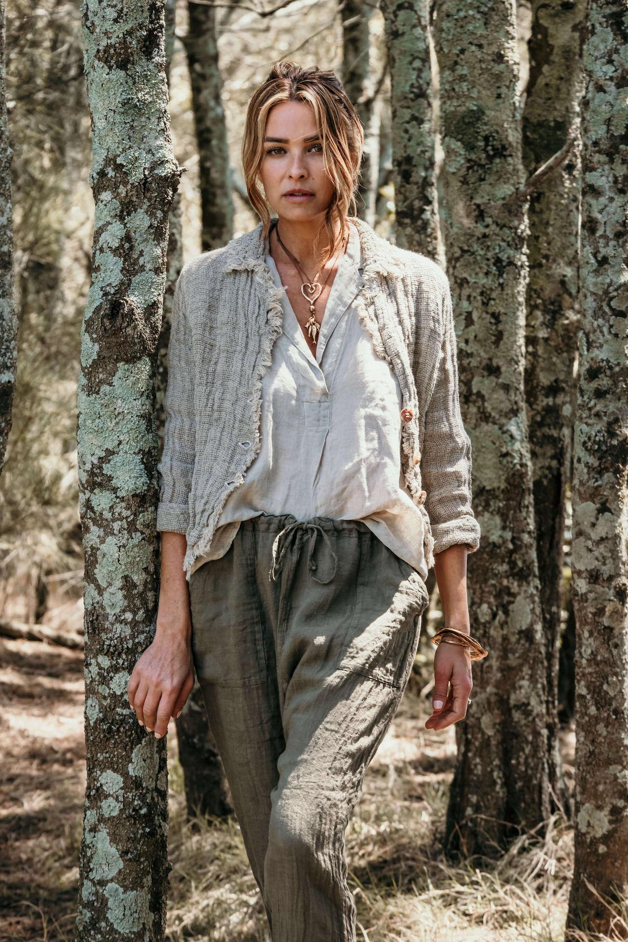 La Bottega di Brunella Pantalone Agathos Linen Pants - Fossil worn by model in natural setting LUXAMORE 