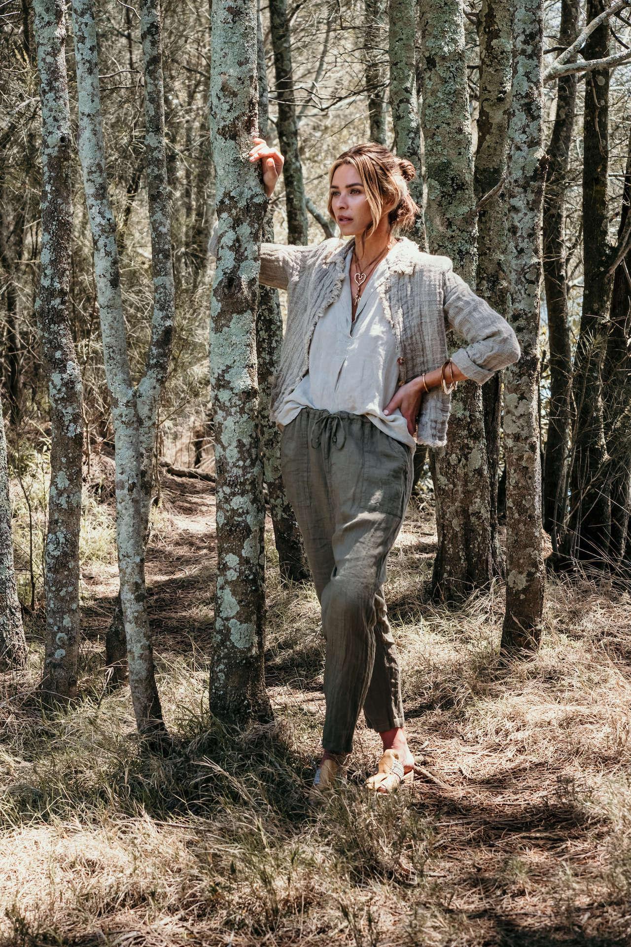 La Bottega di Brunella Pantalone Agathos Linen Pants - Fossil worn by model in natural setting LUXAMORE 