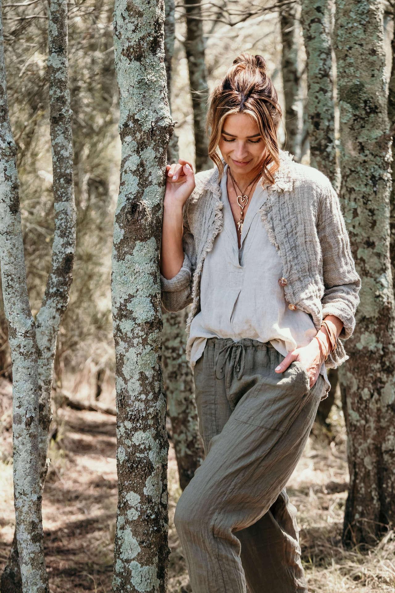 La Bottega di Brunella Pantalone Agathos Linen Pants - Fossil worn by model in natural setting LUXAMORE 
