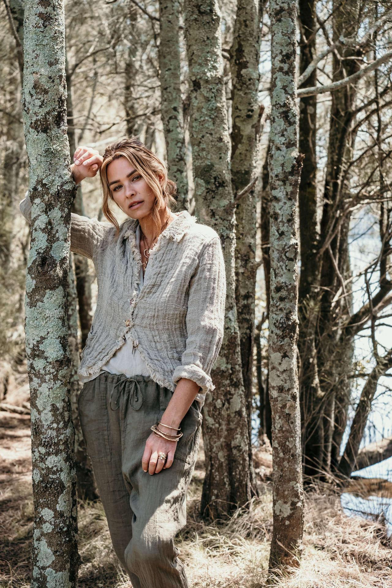 La Bottega di Brunella Pantalone Agathos Linen Pants - Fossil worn by model in natural setting LUXAMORE 