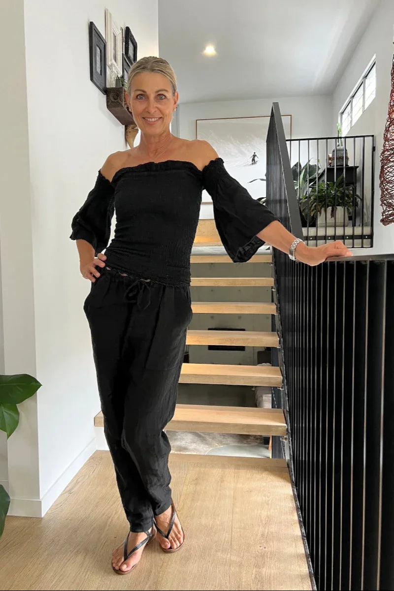 La Bottega di Brunella Pantalone Agathos Linen Pants Black LUXAMORE  
