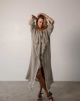 La Bottega di Brunella Spolverino Spice Linen coat - Campagna - Natural worn by model sustainably made in italy AW26 LUXAMORE  