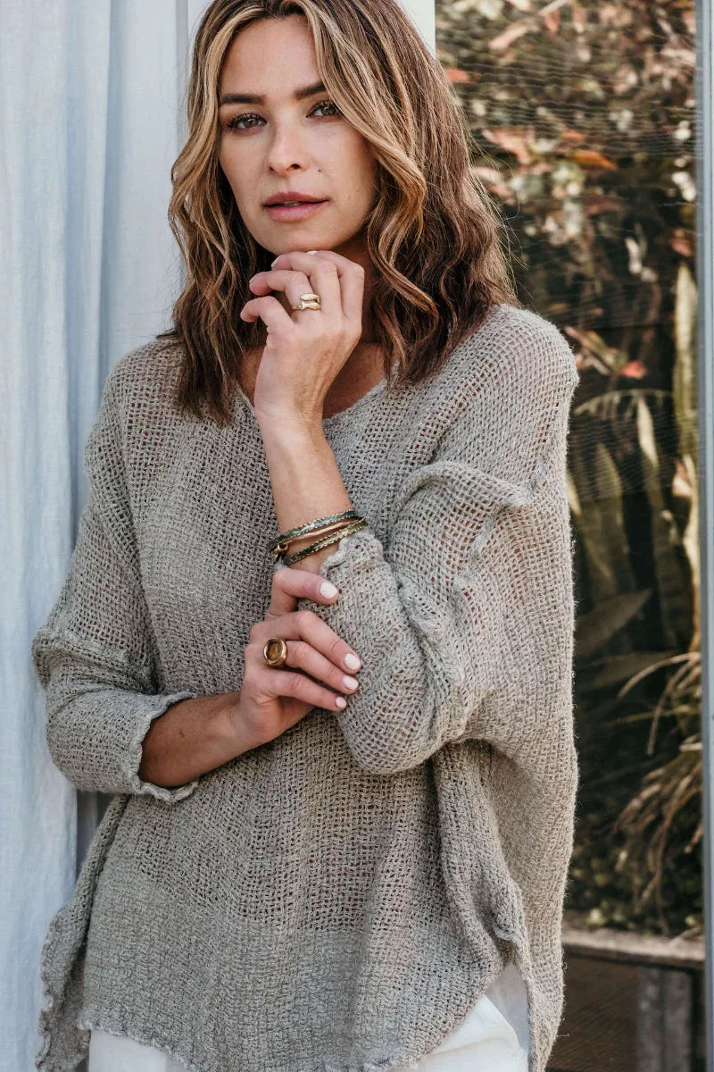 La Bottega di Brunella Top Maglia Bonta - Campagna Naturale worn by model in natural setting LUXAMORE 