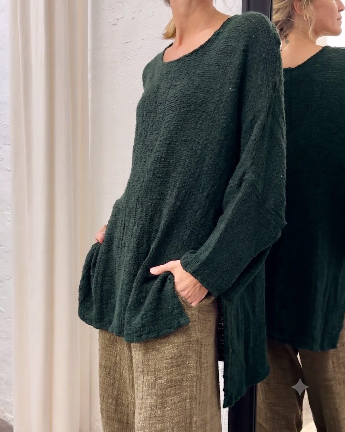 La Bottega di Brunella Top Maglia Bonta - Tela Campo - Bosco worn by model sustainably made in italy AW26 LUXAMORE  