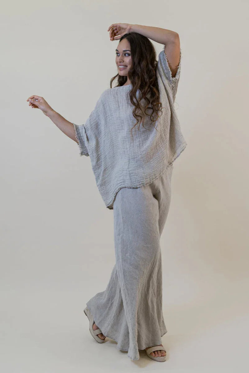 La Bottega di Brunella Top Maglia Corsara - Campagna Naturale worn by model in natural setting LUXAMORE 