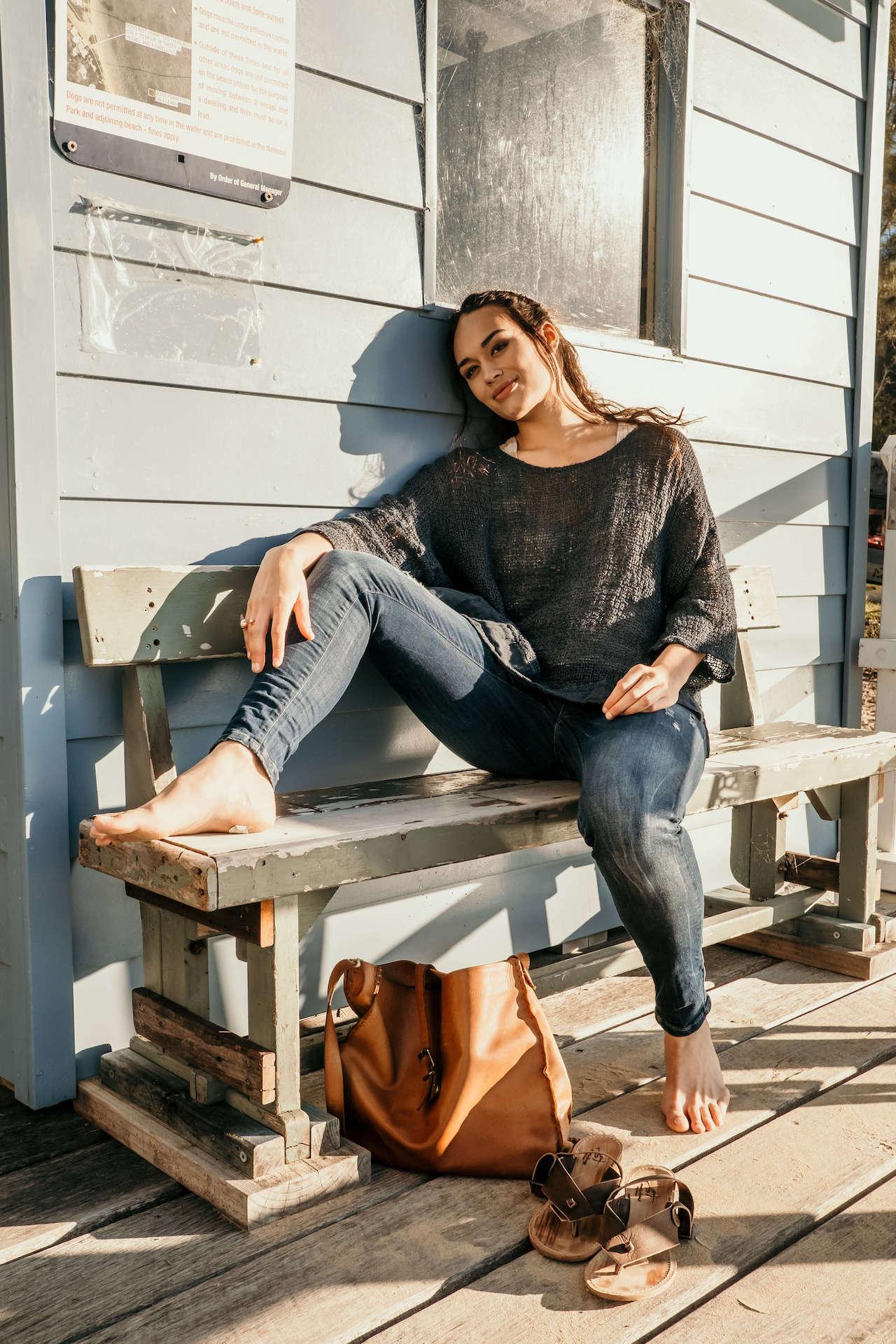 La Bottega di Brunella Top Maglia Europa - Campagna Blu worn by model in natural setting LUXAMORE 