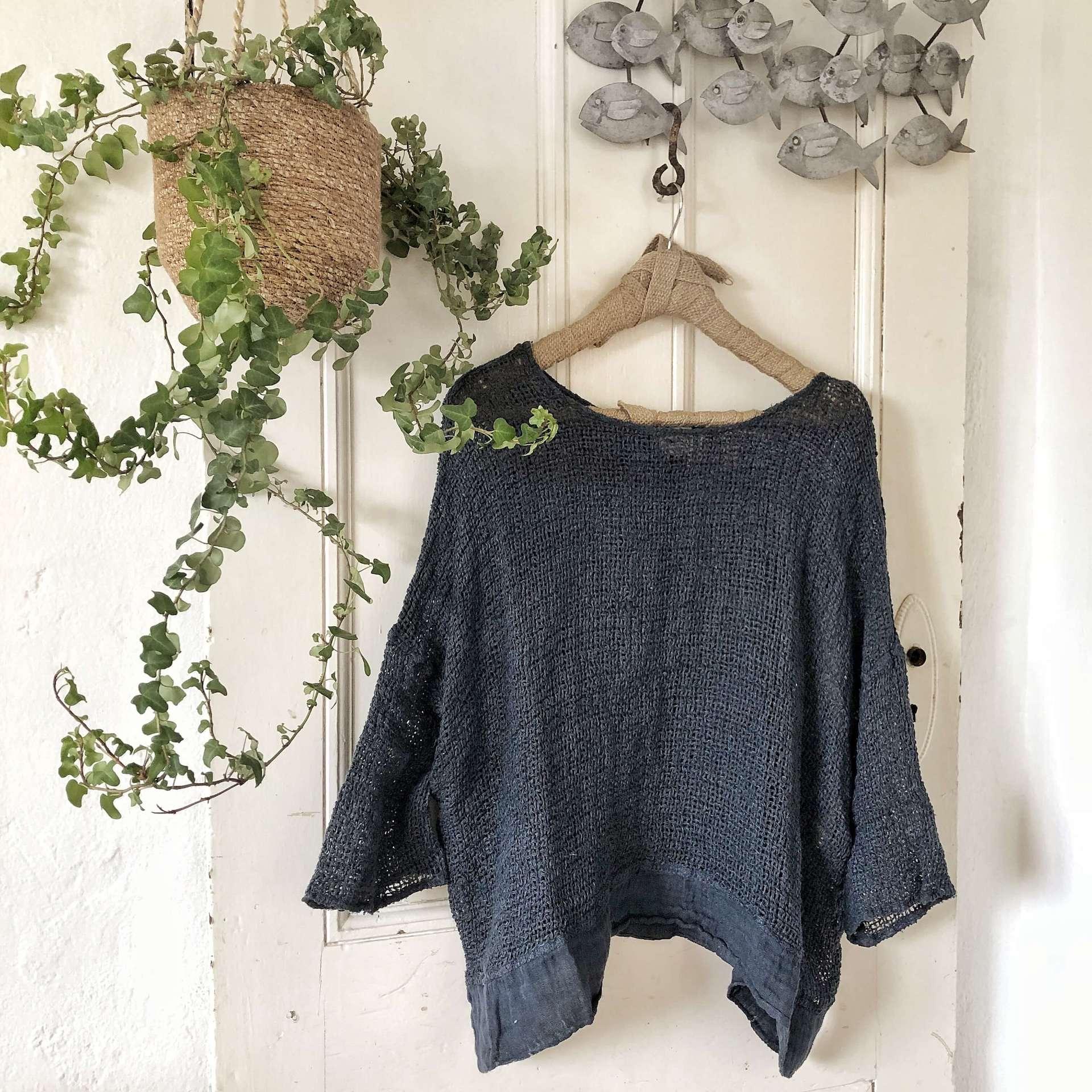 La Bottega di Brunella Top Maglia Europa - Campagna Blu worn by model in natural setting LUXAMORE 