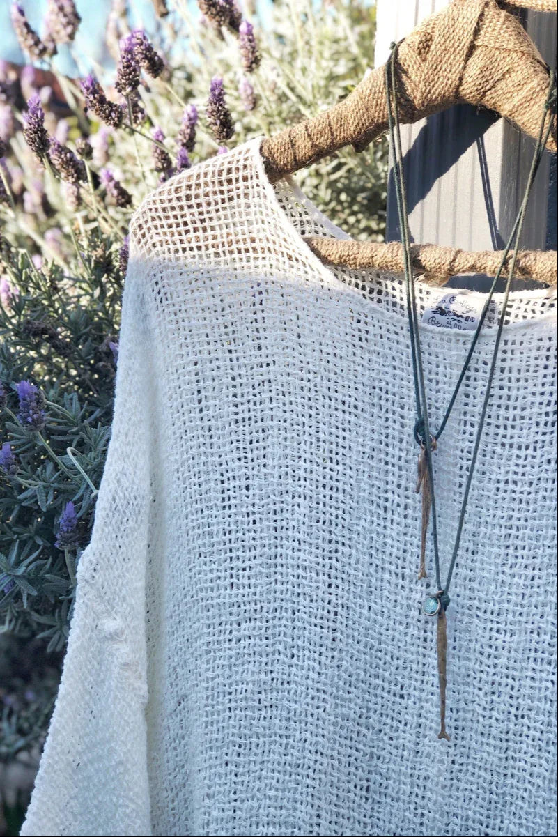 La Bottega di Brunella Top Maglia Europa - Campagna Latte worn by model in natural setting LUXAMORE 