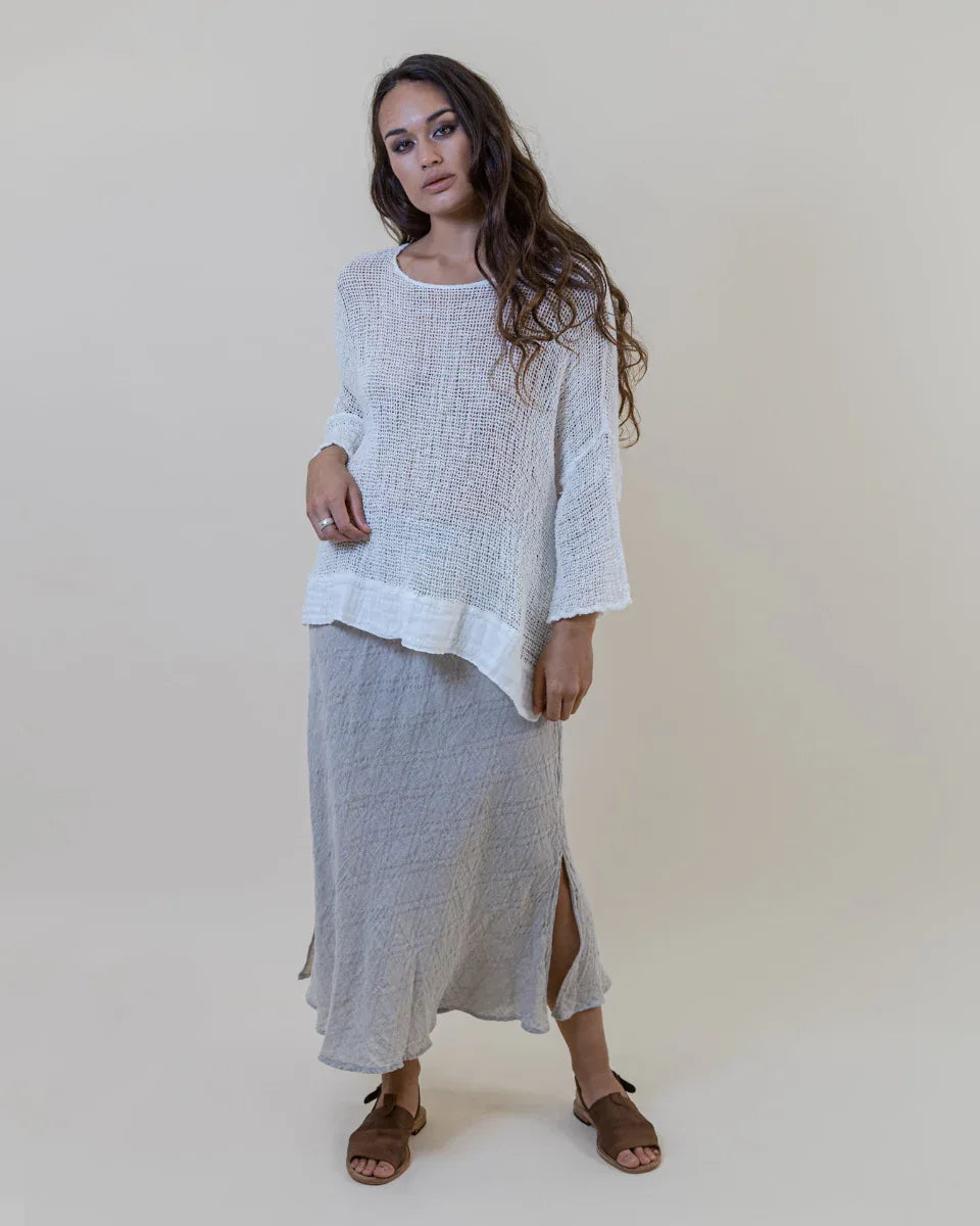 La Bottega di Brunella Top Maglia Europa - Campagna Latte worn by model in natural setting LUXAMORE 