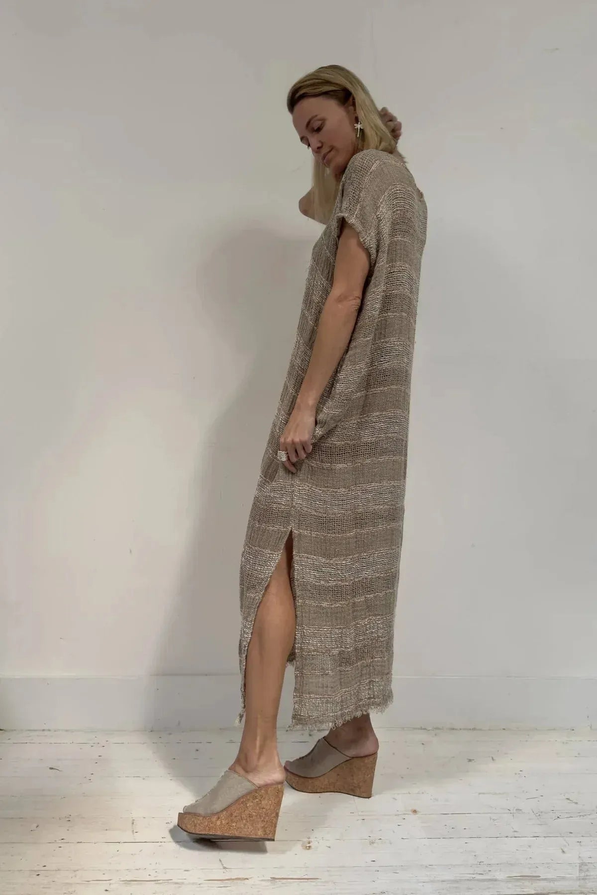 La Bottega di Brunella VESTITO ICARO - Michelangelo Carrubo worn by model in natural setting LUXAMORE 