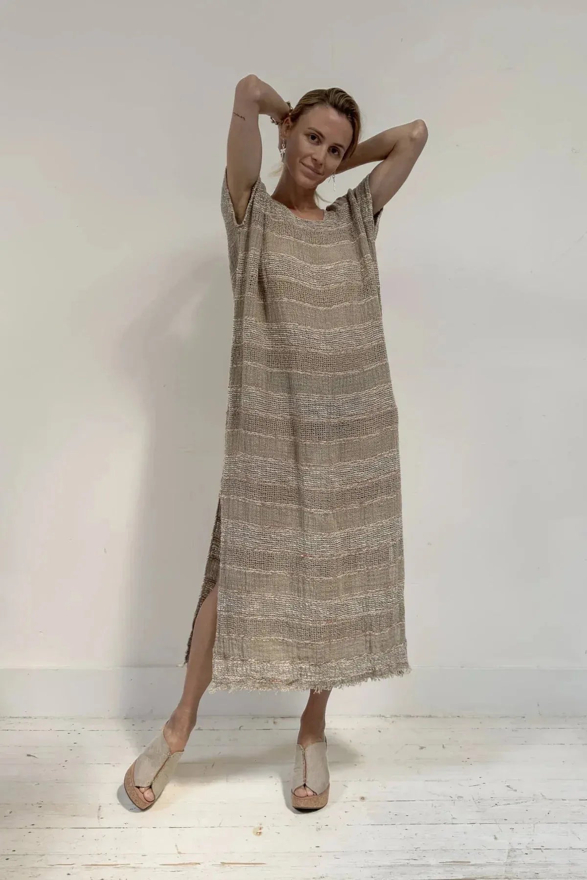 La Bottega di Brunella VESTITO ICARO - Michelangelo Carrubo worn by model in natural setting LUXAMORE 