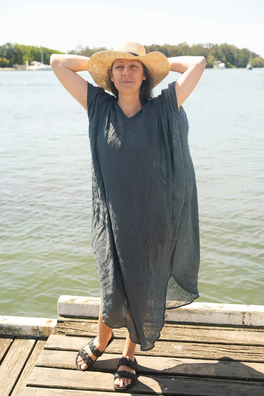 La Bottega di Brunella Linen Dress Fausta Garzata - Lava - LUXAMORE